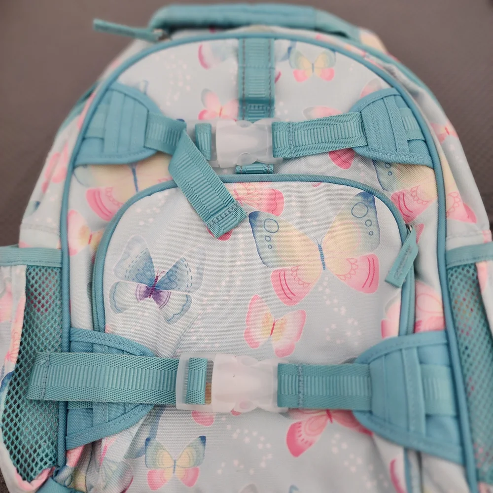 Pottery Barn Kids Blue and Pink Backpack with Butterfly Design